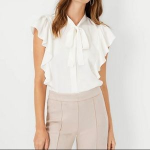 Ann Taylor White ruffle neck tie top